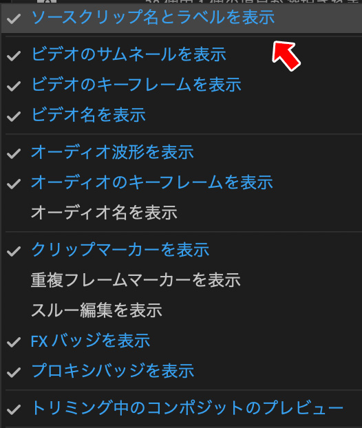 プレミアプロのタイムラインで「ソースクリップ名とラベルを表示」について解説する画像