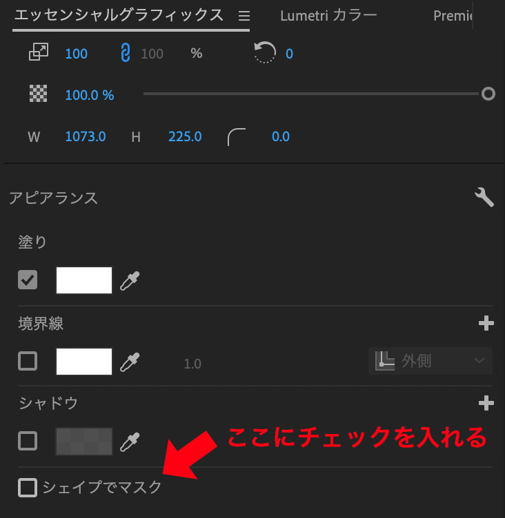 Premiere Pro内で「シェイプでマスク」にチェックを入れる方法を解説した画像